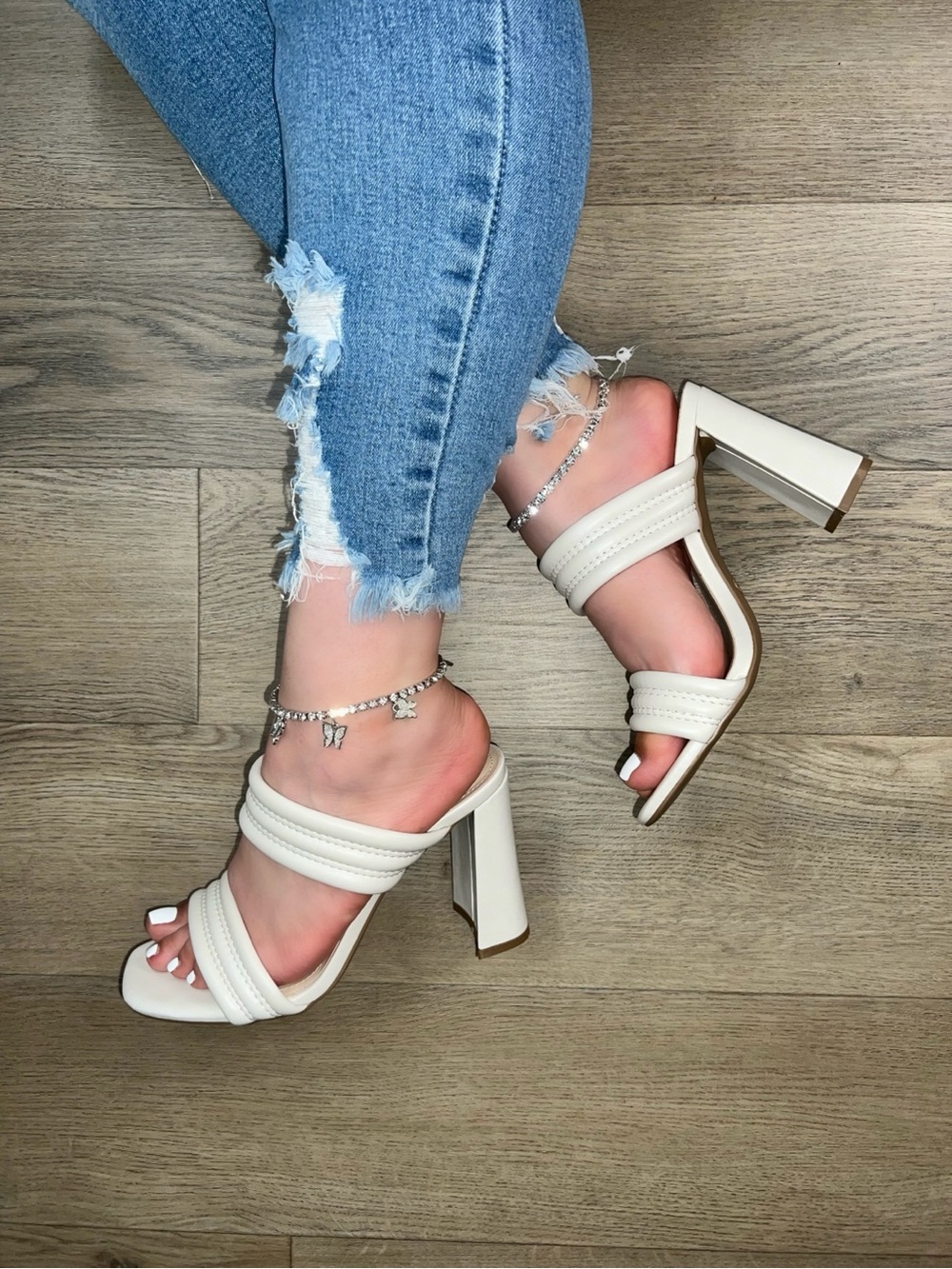 Women's Cream Block Heel Slide Sandals